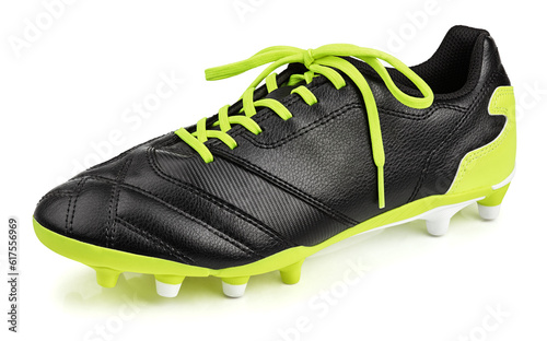 Single black leather football shoe or soccer boot isolated on white background with clipping path