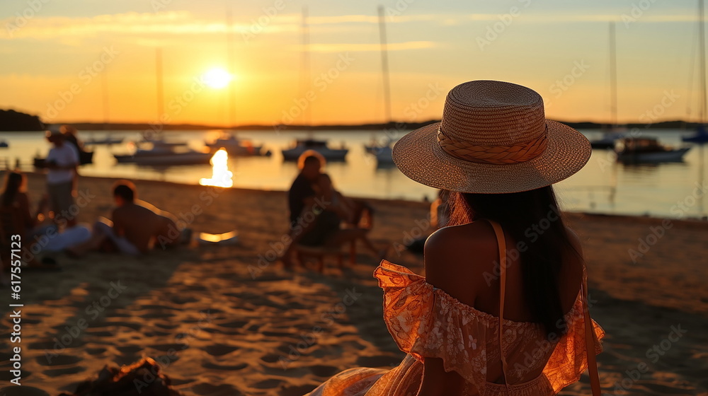 woman with straw hat on sunset  beach, on the horizon a silhouette of people relaxing  on  sand on the sea promenade in beach