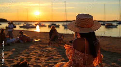 woman with straw hat on sunset beach, on the horizon a silhouette of people relaxing on sand on the sea promenade in beach