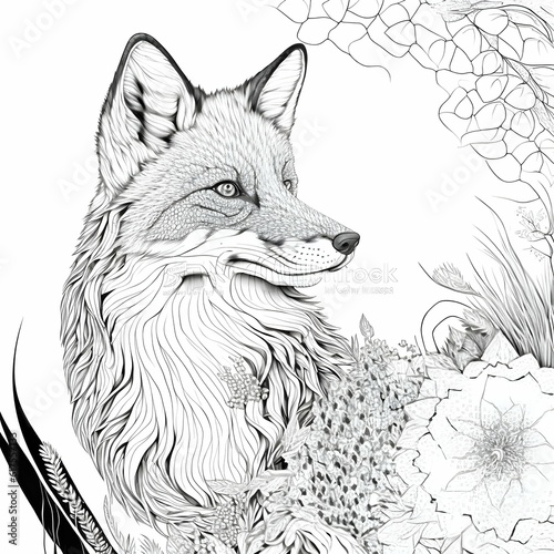 colouring book for grown up black and white only fox detailed white background vector 