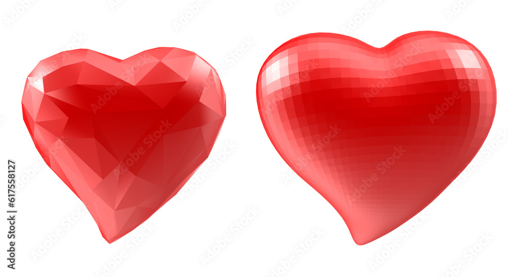Set of hearts with faceted low-poly geometry effect isolated on white background