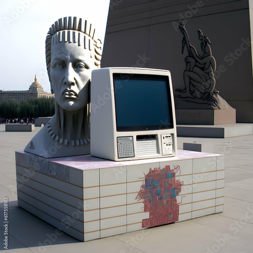 monument to the revolution covered with aboriginal graffiti and digital multimedia interface screens with occult code glitch space invaders integrated into aboriginal teletubby with obsolete apple 