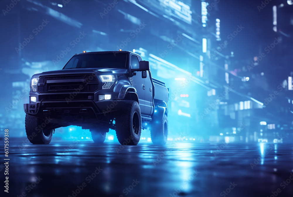 Futuristic pickup truck in a city street at night. Powerful pickup with city lights in the background. Generative AI - obrazy, fototapety, plakaty 