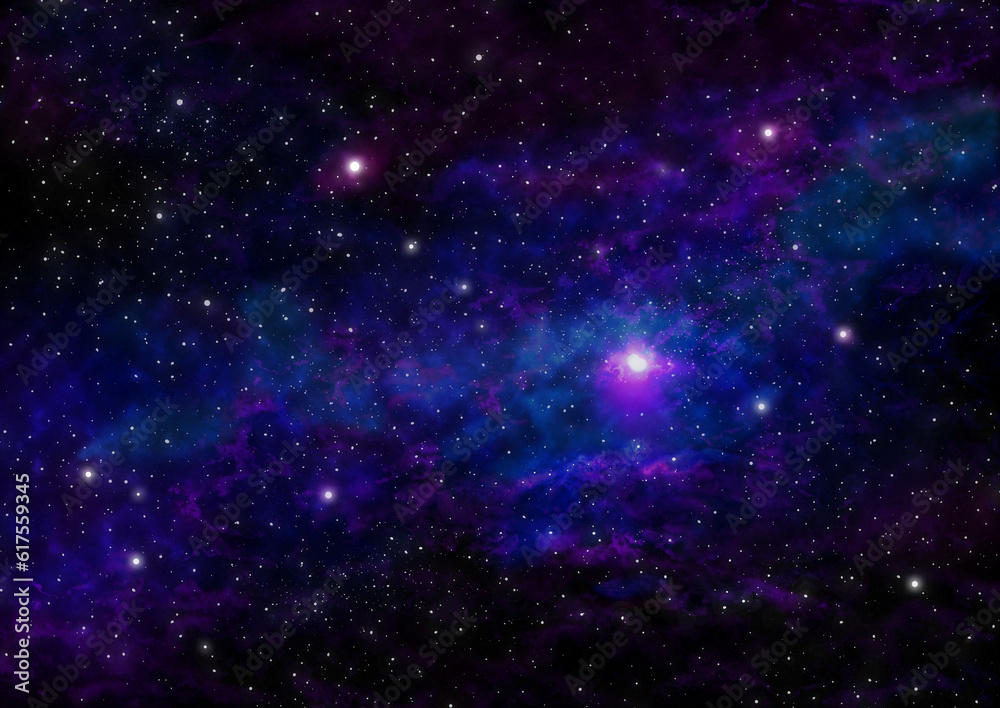 Night Sky with Stars and Purple Blue Nebula. Space Background. Raster Illustration.