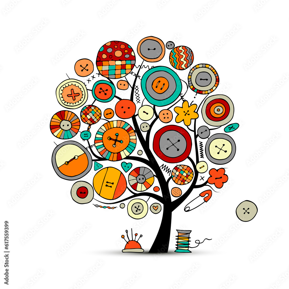 Obraz premium Sewing crafts, art tree. Sketch for your design. Vector illustration