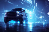 Futuristic pickup truck in a city street at night. Powerful pickup with city lights in the background
