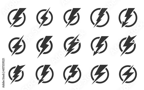 Thunderbolt in the circle icon set. Storm climate weather sign. Dander energy power charge symbol. Thundershock zigzag arrow. Lightning bolt flash. Thunder strike electricity black round pictogram