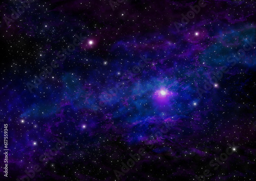 Night Sky with Stars and Purple Blue Nebula. Space Background. Raster Illustration.