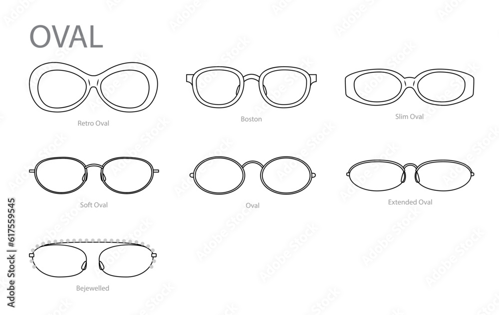 Set of Oval frame glasses fashion accessory illustration. Sunglass front view for Men, women, unisex silhouette style, flat rim spectacles eyeglasses with lens sketch style outline isolated on white Set of Oval frame glasses fashion accessory illustration. Sunglass front view for Men, women, unisex silhouette style, flat rim spectacles eyeglasses with lens sketch style outline isolated on white