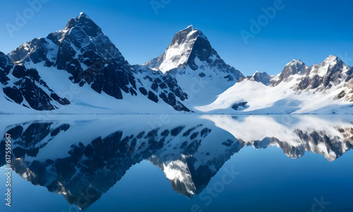 Snow Capped Mountains Overlooking a Crystal Clear Lake © Mordikai Art