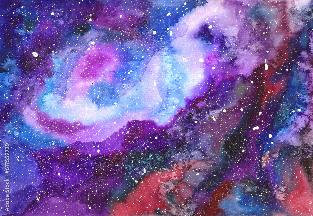 Space abstract hand painted watercolor background. Hand draw bright multicolor painted galaxy with stars. Texture of night sky.