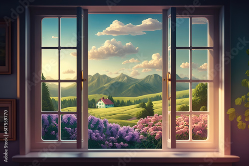 Beautiful summer mountain landscape seen from the window  illustration generative AI 