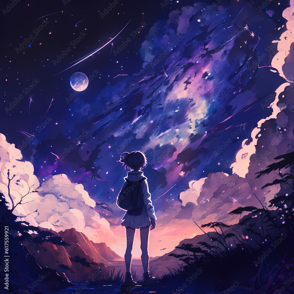 A young girl looking at the starry night, anime style, Generative AI