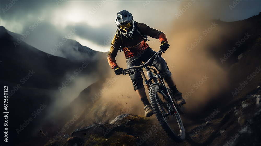 Mountain Biker Riding on a Bike . Action Sports Outdoors Action. Ai generative.