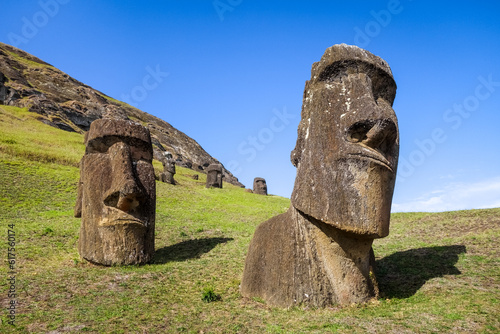 Moais statues on Rano Raraku volcano, easter island, Chile photo
