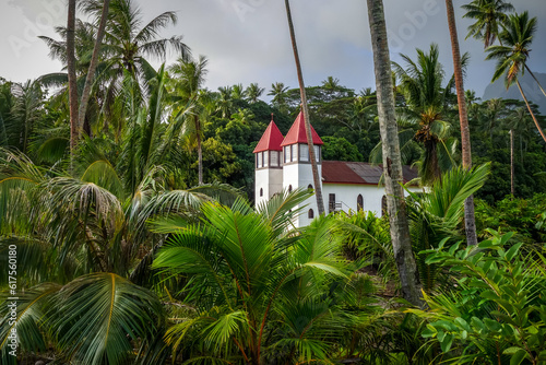 Haapiti church in Moorea island jungle, landscape. French Polynesia