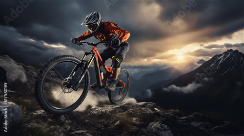 Mountain Biker Riding on a Bike . Action Sports Outdoors Action. Ai generative. © Unique Creations