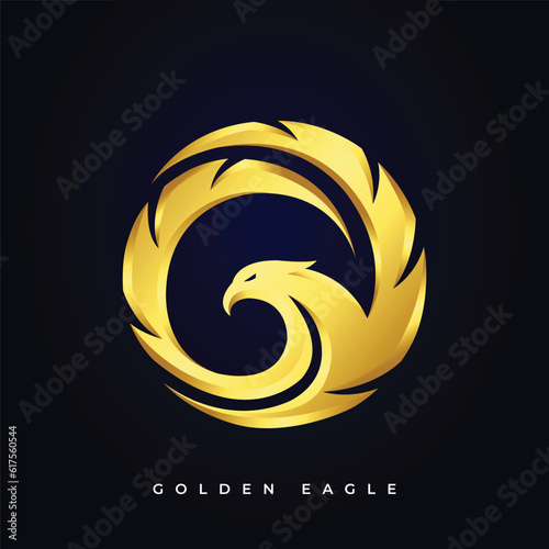 Golden Eagle Logo design vector template Circle shape Emblem. Luxury corporate heraldic Falcon Phoenix Hawk bird Logotype concept icon.