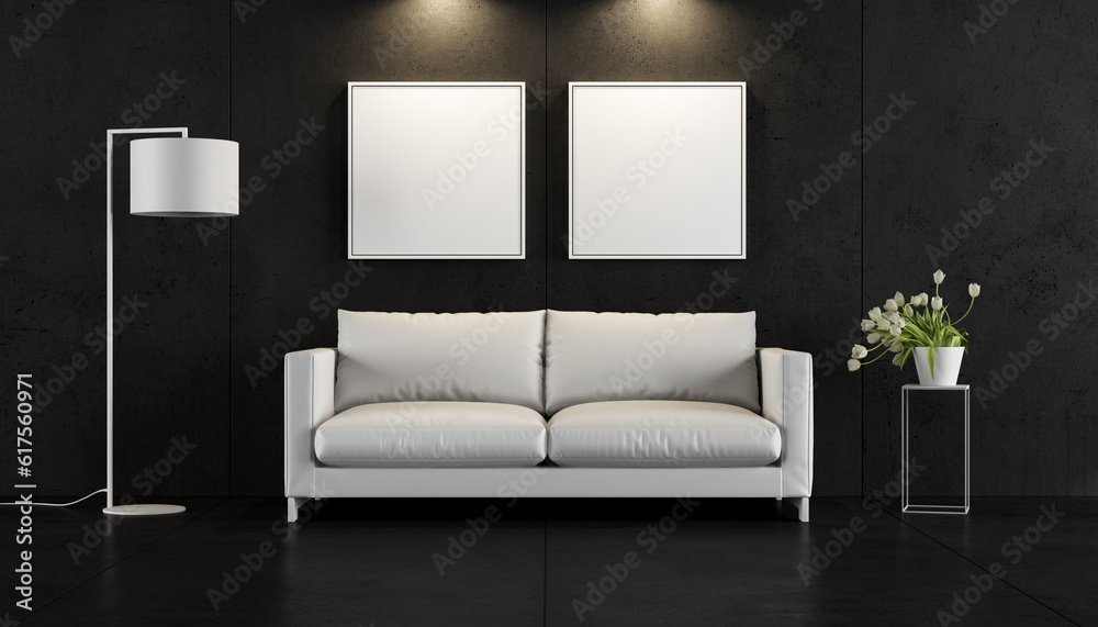Modern living room with black concrete wall and white sofa - 3d rendering Modern living room with black concrete wall and white sofa - 3d rendering