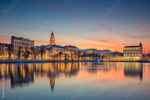 Beautiful romantic old town of Split during beautiful sunrise. Croatia Europe.