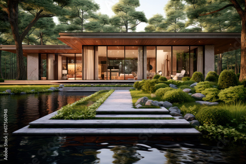 Modern house with beautiful garden. Generative AI