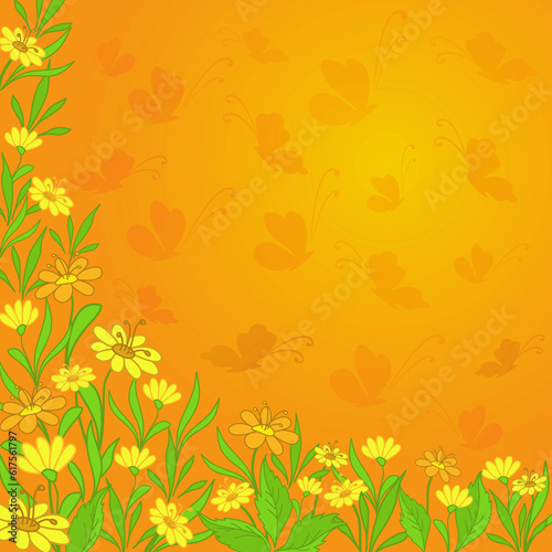 Background with yellow flowers and butterflies silhouettes