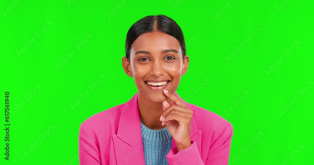 Thinking, agreement and face of woman in green screen studio with decision, plan or solution on mockup background. Portrait, smile and Indian lady person for aha emoji, choice or problem solving idea Thinking, agreement and face of woman in green screen studio with decision, plan or solution on mockup background. Portrait, smile and Indian lady person for aha emoji, choice or problem solving idea
