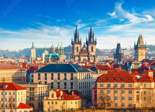 Photography High spires towers of Tyn church in Prague city (Church of Our Lady before tyn c