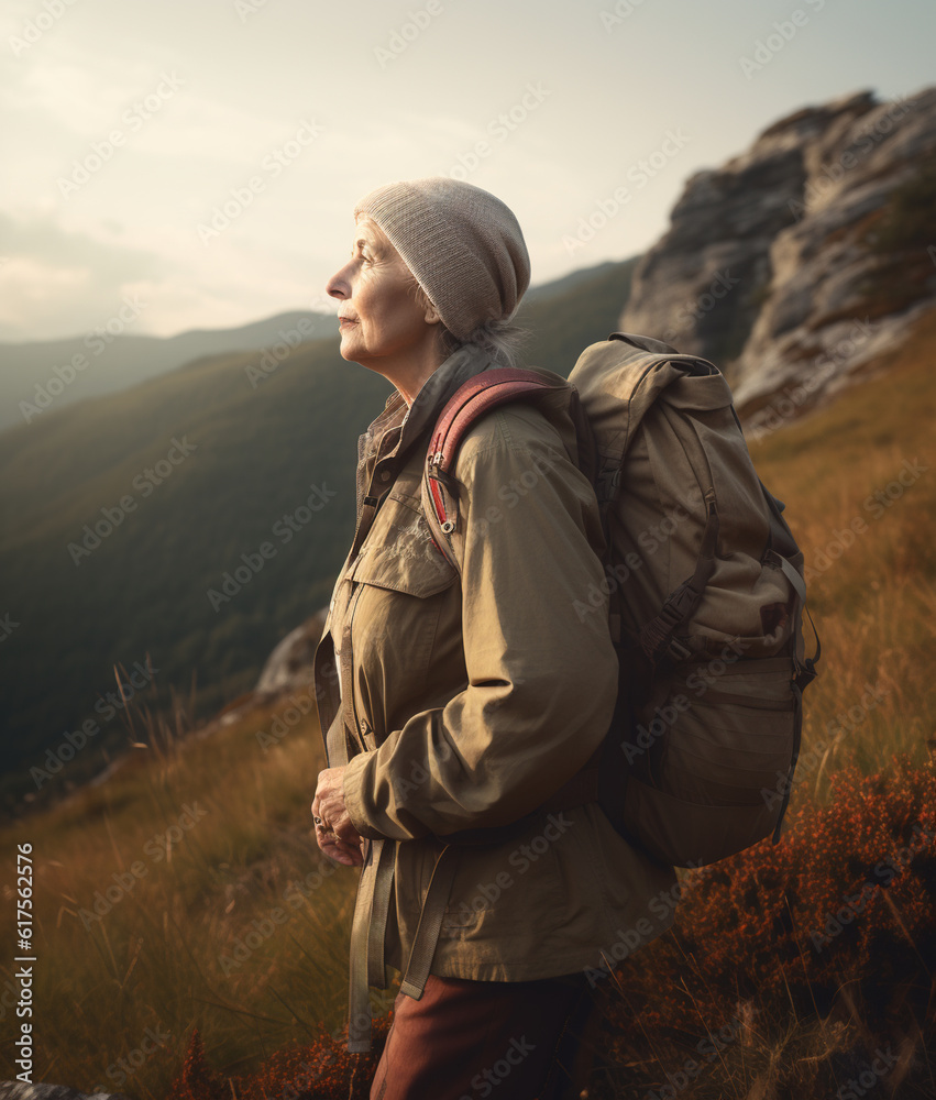 Mature woman hiking.