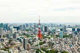Aerial view of Tokyo Tower and City Skyline, Shiba-koen district of Minato, Tokyo, Japan
