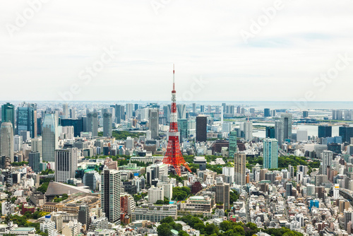Aerial view of Tokyo Tower and City Skyline, Shiba-koen district of Minato, Tokyo, Japan