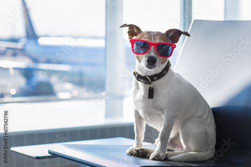 Fototapeta Naklejka Na Ścianę i Meble -  holiday vacation jack russell dog waiting in airport terminal ready to board the airplane or plane at the gate