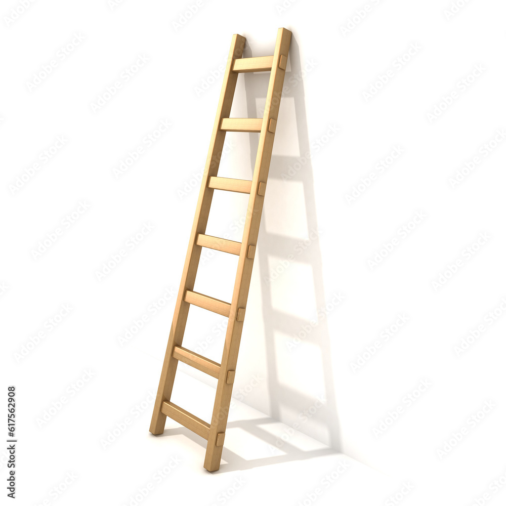 Wooden ladder, near white wall. 3D render illustration isolated on white background.