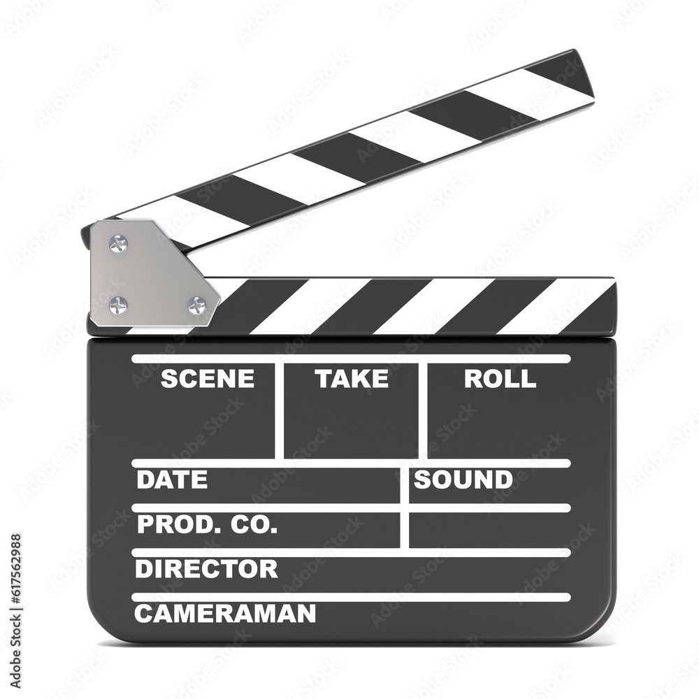 Movie clapperboard, opened. 3D render illustration isolated on white background