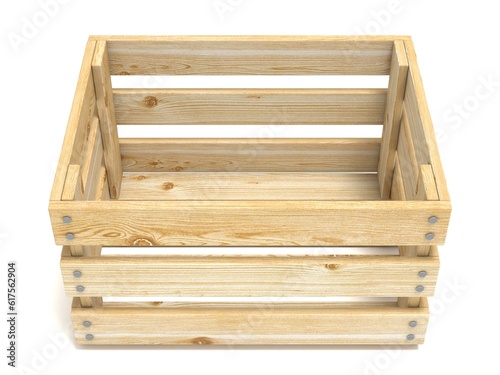 Empty wooden crate. Front view. 3D render illustration isolated on white background