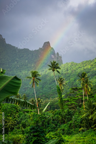 Rainbow on Moorea island jungle and mountains landscape. French Polynesia