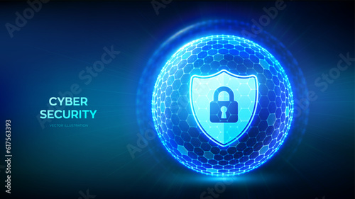 Cyber security. Information protect and or safe concept. Abstract 3D sphere or globe with surface of hexagons with icon illustrates cyber data security or network security idea. Vector illustration.