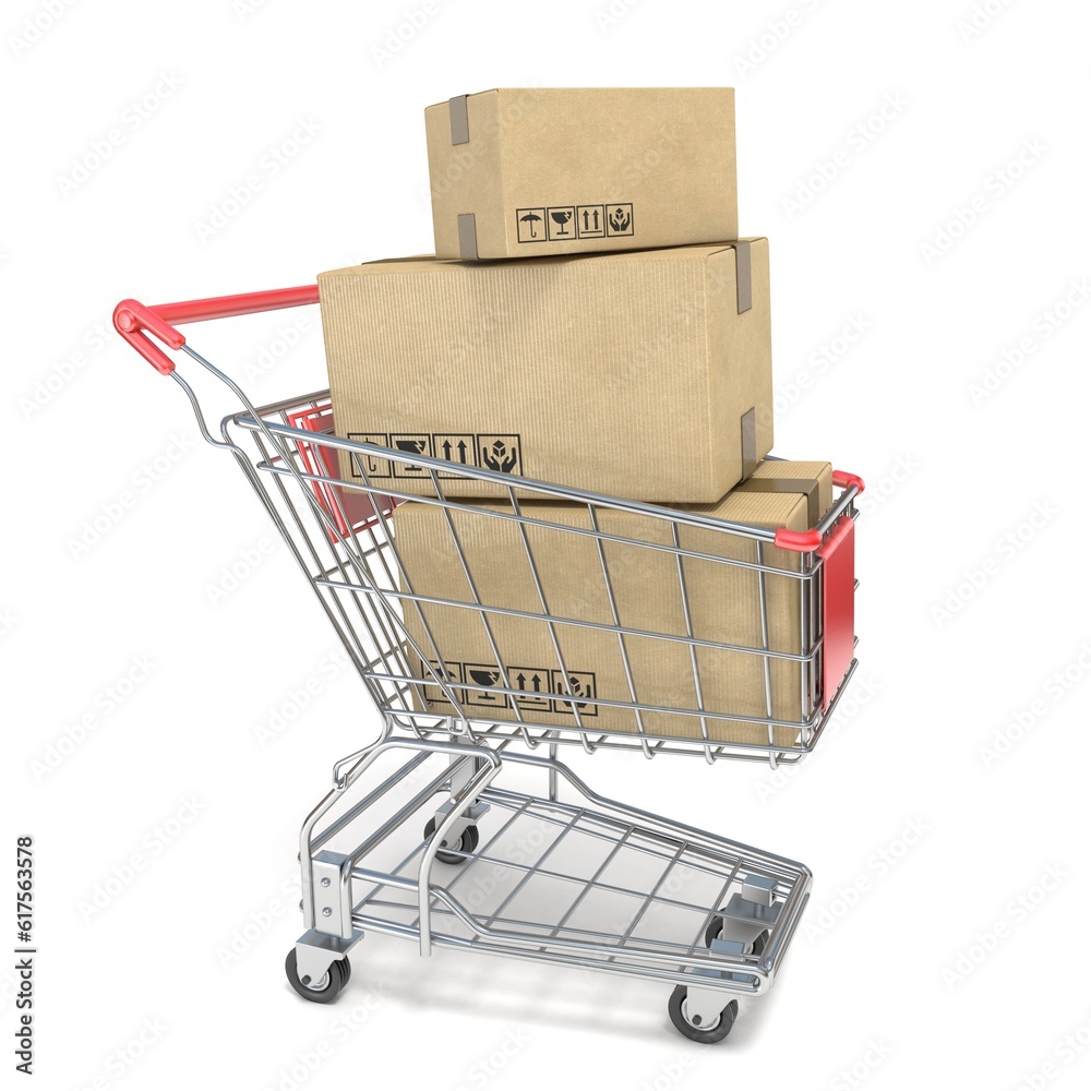 Shopping cart with boxes. 3D render illustration isolated on white background