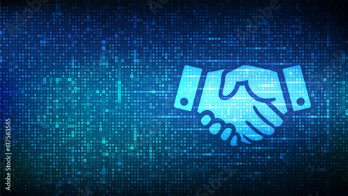 Handshake icon made with currency symbols. Business partnership sign. Teamwork, cooperation and communication. Dollar, euro, yen and pound icons. Background with currency signs. Vector illustration.