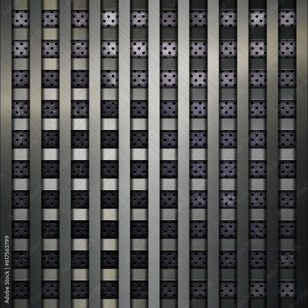 Metallic grid on a perforated metal background