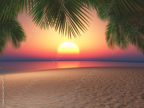 Fototapeta Naklejka Na Ścianę i Meble -  3D render of a beach and palm trees against a sunset sky