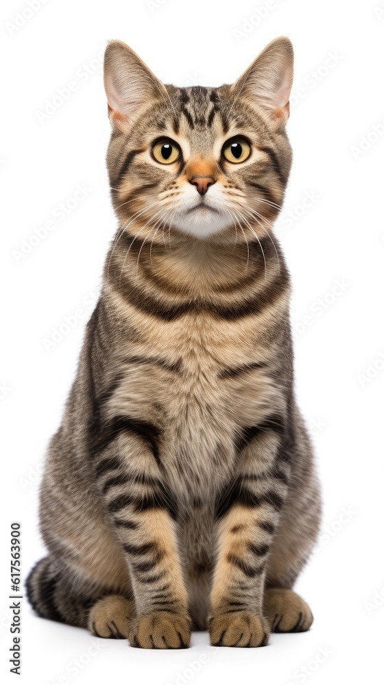 Brown and White American wirehair cat sitting on white background