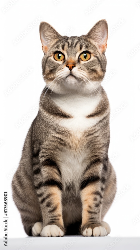 Brown and white American wirehair cat sitting on white background