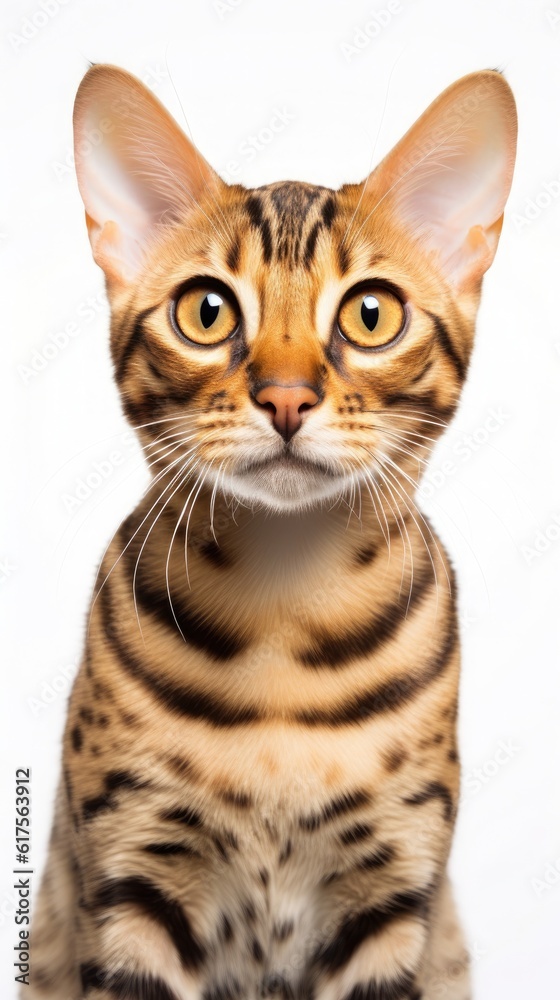 Bengal cat looking at the camera on white background