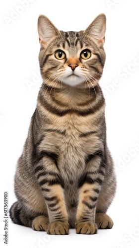 Brown and White American wirehair cat sitting on white background