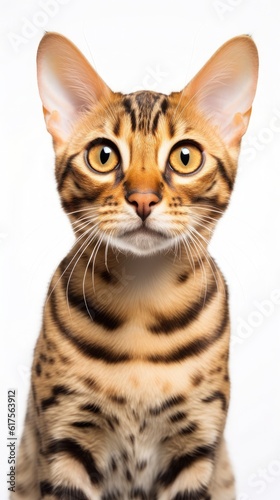 Bengal cat looking at the camera on white background