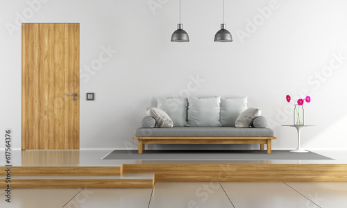 Two levels living room with wooden sofa and closed door - 3d rendering