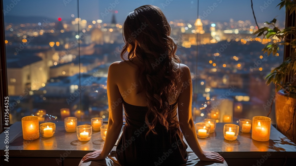 beautiful woman sit on modern cozy bedroom with view on terrasse and night city blurred light in windows beautiful woman sit on modern cozy bedroom with view on terrasse and night city blurred light in windows