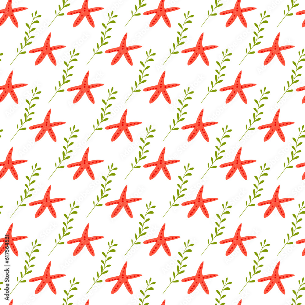 Summer abstract seamless pattern of marine plants. Starfish. Algae green. Marine theme. Print design, wallpaper, packaging. Vector flat illustration.