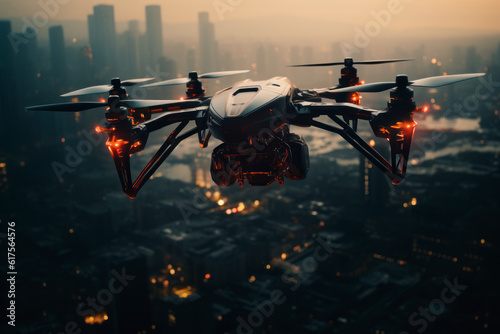 Futuristic drone flying over the city. Generative AI © FatiF